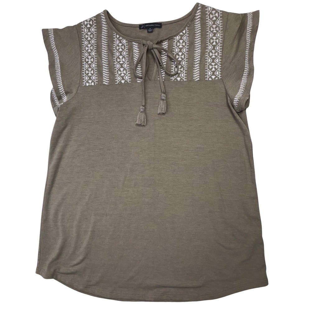 Adrianna Papell Embroidered Boho Tassel Tie Split Neck Tunic‎ Top Olive Green S